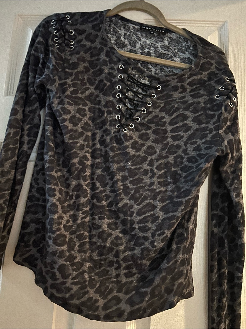 Generation Love Grey and Black Leopard Lace-Up Long Sleeve Top